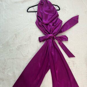 Womens Wide Leg Jumpsuit Halter Top Sleeveless Tie Waist Metallic Shiny Purple